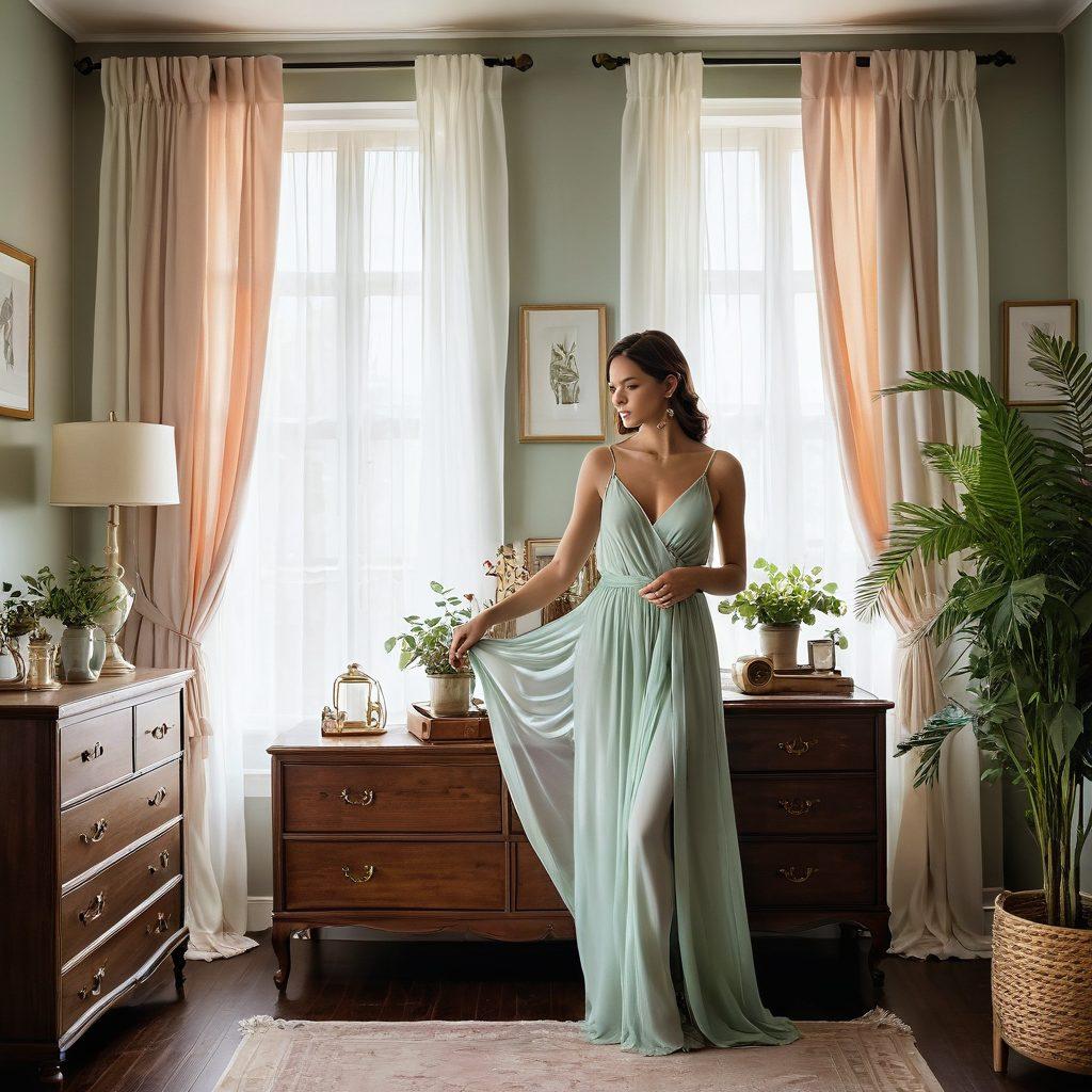 A stylish woman in a chic bedroom surrounded by elegant and comfortable intimate wear pieces displayed on a vintage wooden dresser. Soft, flowing fabrics in pastel colors drape gracefully on the mannequin. Natural light filters through sheer curtains, casting a warm glow. The ambiance is cozy and inviting, with touches of greenery and delicate accessories. super-realistic. vibrant colors. soft lighting.