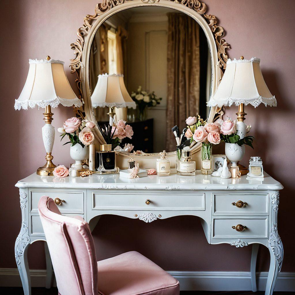 A beautifully arranged collection of luxurious lingerie and intimate wear displayed elegantly on a vintage dressing table. The scene exudes sophistication with soft natural lighting illuminating delicate lace and silk fabrics, adorned with intricate details like ribbons, pearls, and floral patterns. A pair of elegant heels and a tasteful perfume bottle add an air of glamour. The background features a luxurious bedroom ambiance with plush textures and a hint of pastel colors. super-realistic. warm tones. soft focus.