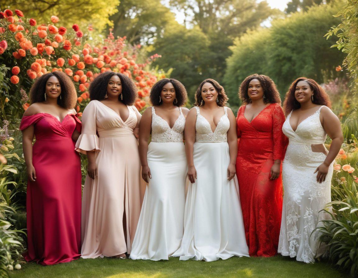 A diverse group of women of various body shapes and sizes, showcasing stunning bridal gowns and plus-size outfits, standing confidently in a vibrant outdoor garden setting. Each woman expresses joy and empowerment, surrounded by flowers and soft sunlight, illustrating inclusivity and body positivity. The scene captures different styles, from elegant to modern, highlighting accessories and details. soft focus. super-realistic. vibrant colors. natural lighting.